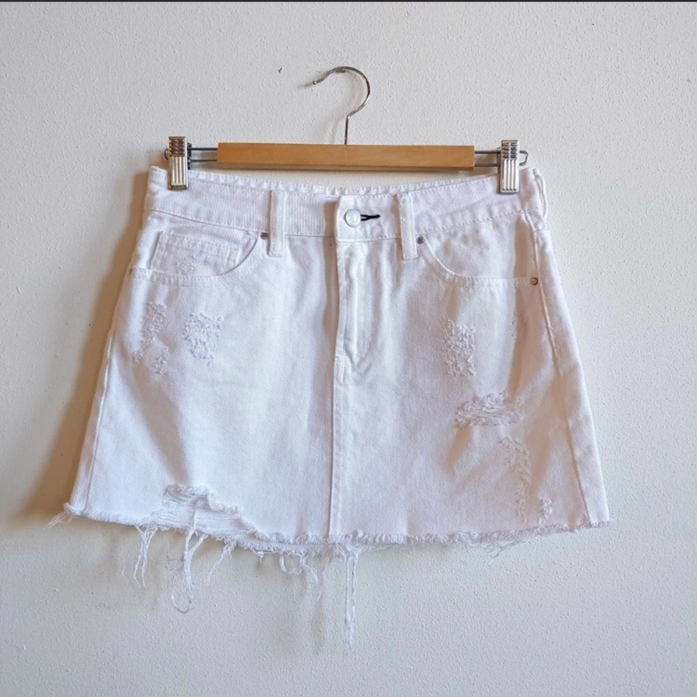 PacSun white high waisted distressed denim skirt